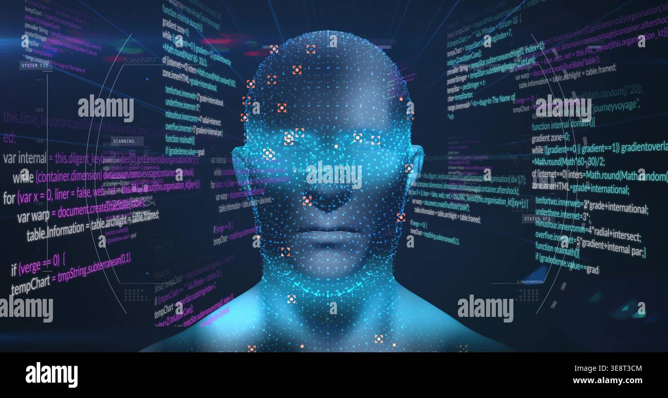 Digital humanoid bust projecting code panels during boot in AR, mapping pixel data across mesh Stock Photo
