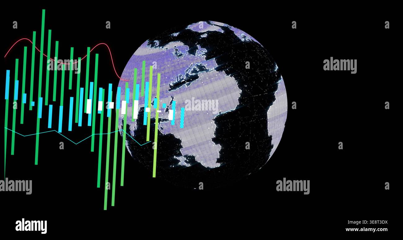 Displaying pixelated Earth globe glowing on right in data display, with neon bars and waveforms Stock Photo