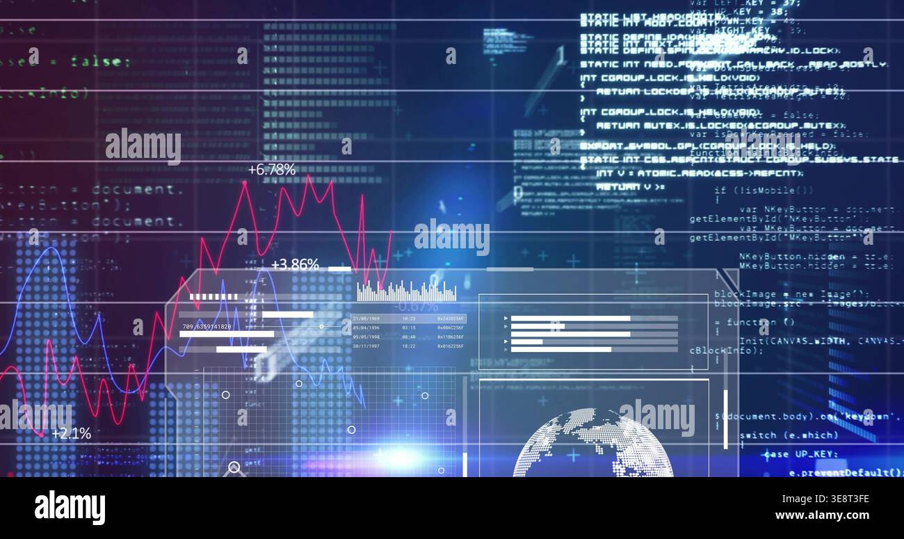 Displaying data dashboard on dark screen, showing red-blue charts, percent labels, code columns Stock Photo