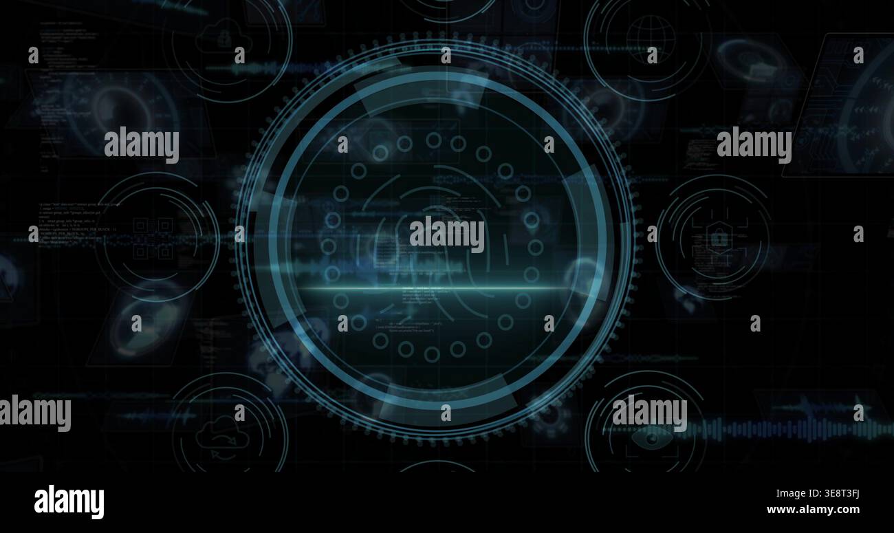 Displaying central HUD pulsing on dark grid UI, showing rings, fingerprint and horizontal flare Stock Photo