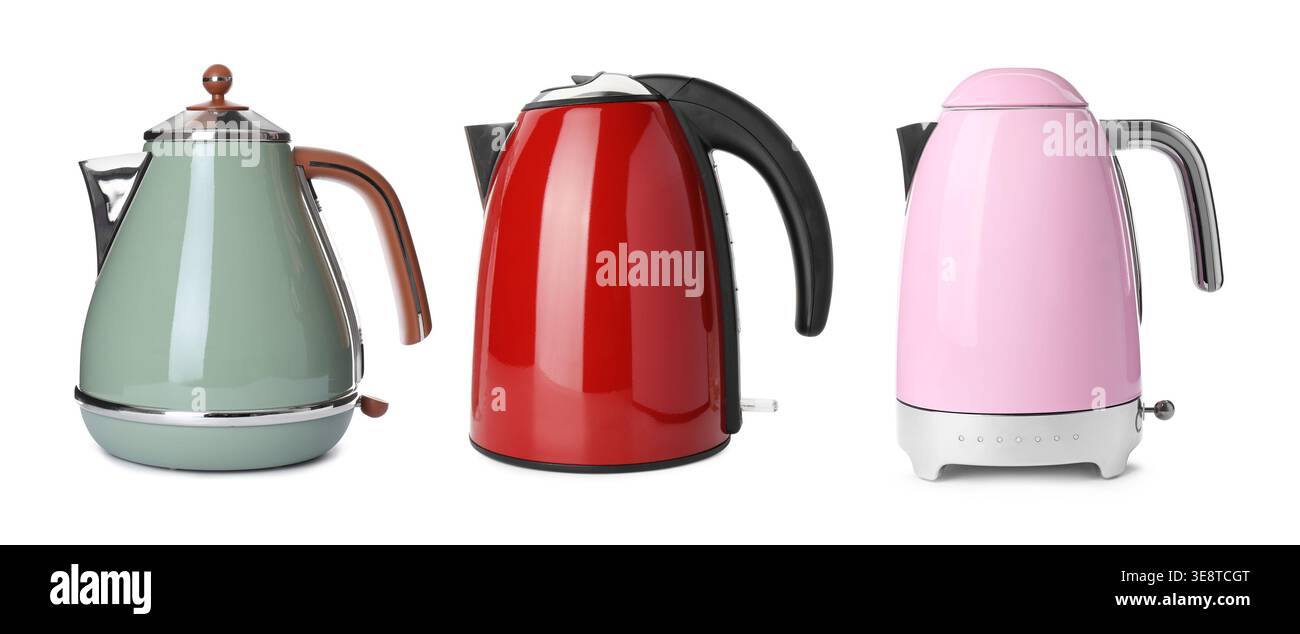 Different electric kettles isolated on white, set Stock Photo