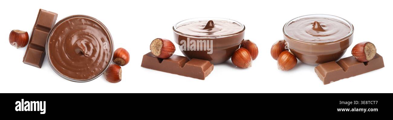 Chocolate paste in bowl isolated on white, set Stock Photo