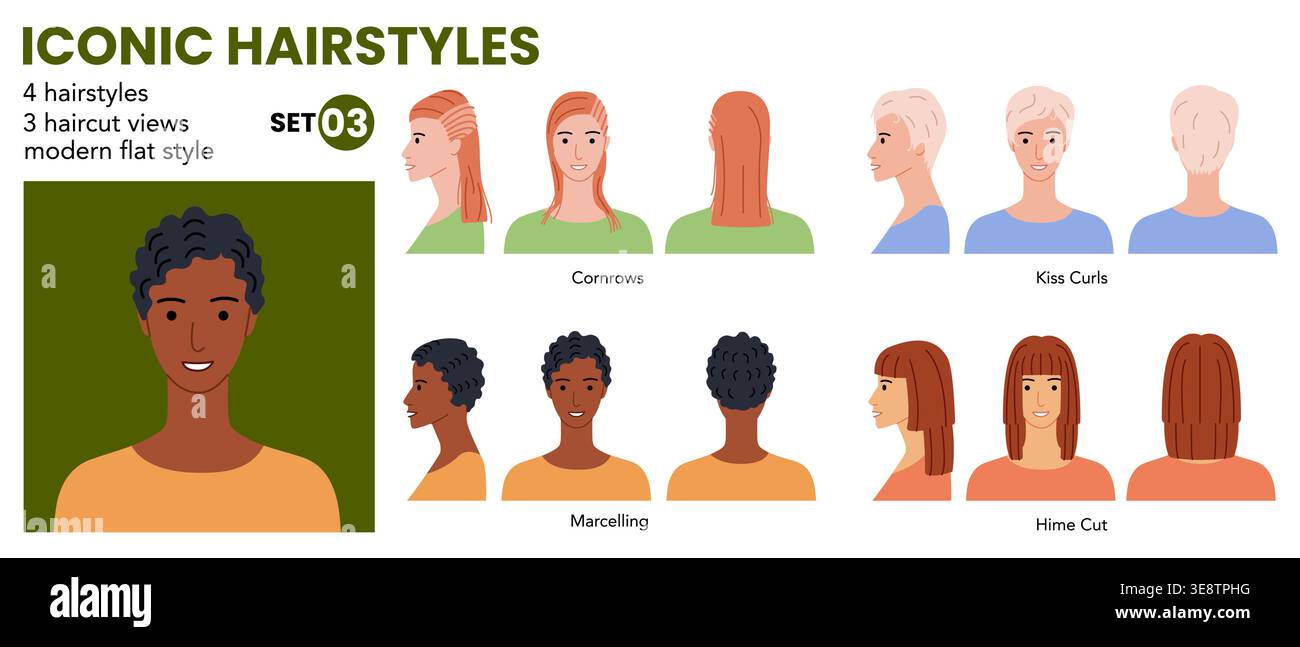 Iconic hairstyles infographic set with labeled cornrows, hime cut, kiss ...