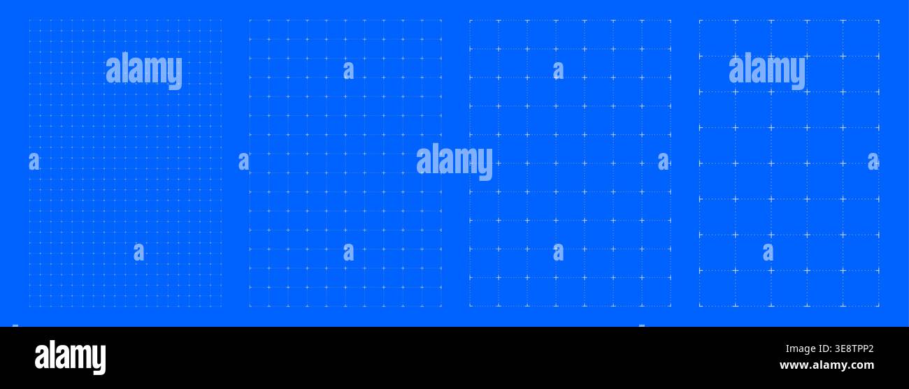 Blueprint grid set dot cross geometry, four scale variations. Wide medium dense micro spacing comparison, engineering layouts dashboards notebook pages interface planning systems technology graphics. Stock Vector