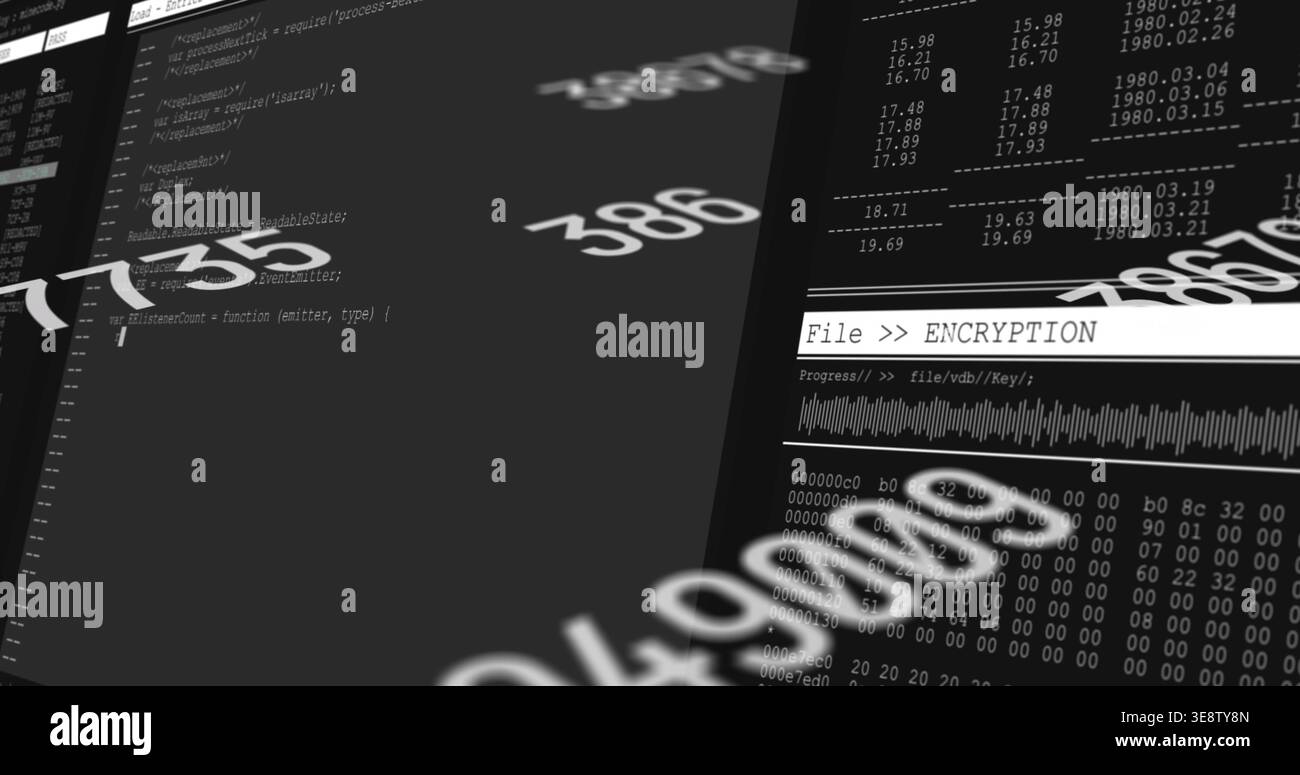 Displaying central code panel showing source code on dark dashboard with File  ENCRYPTION Stock Photo