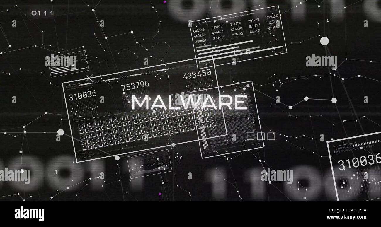 Displaying schematic keyboard overlay pulsing on cyber dashboard, with MALWARE label Stock Photo