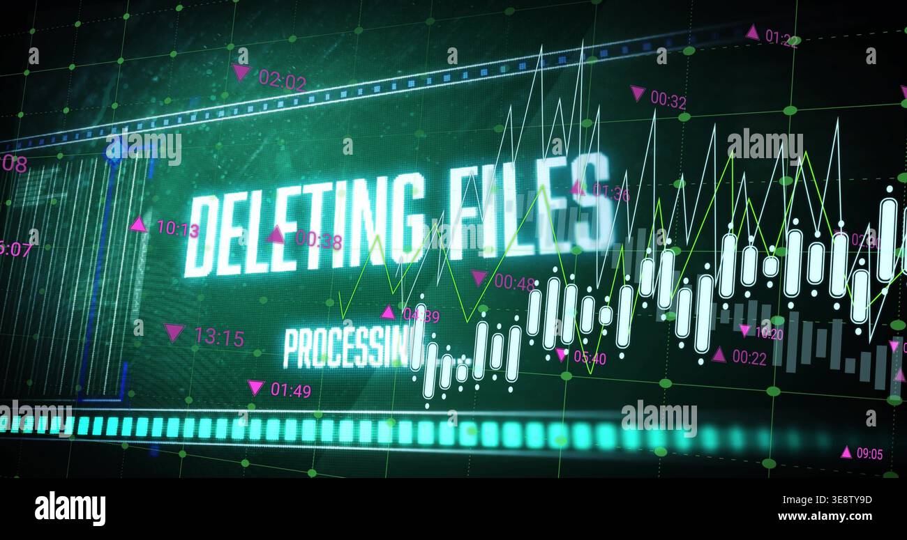 Showing glowing DELETING FILES PROCESSING on UI console, displaying candles, nodes, progress bar Stock Photo