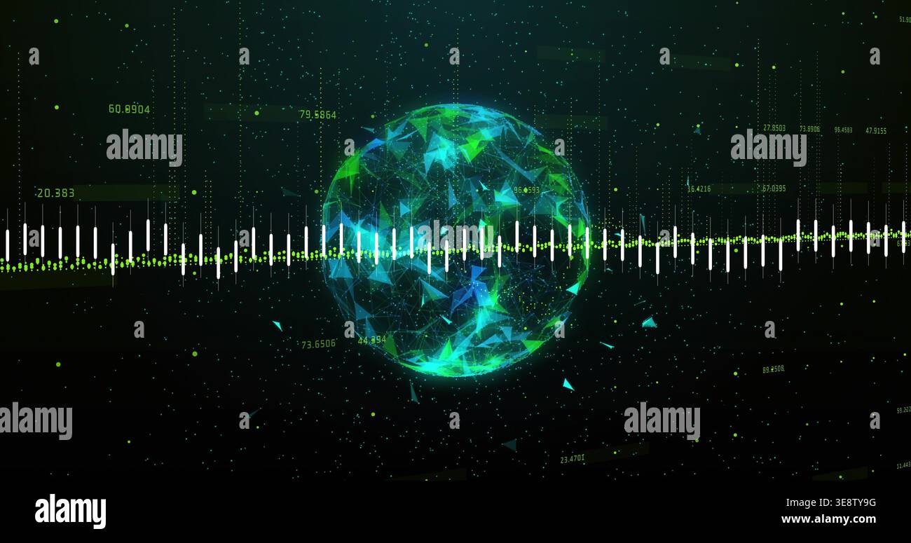 Pulsing polygonal globe rotating in virtual data field, with waveform, numeric labels, particles Stock Photo