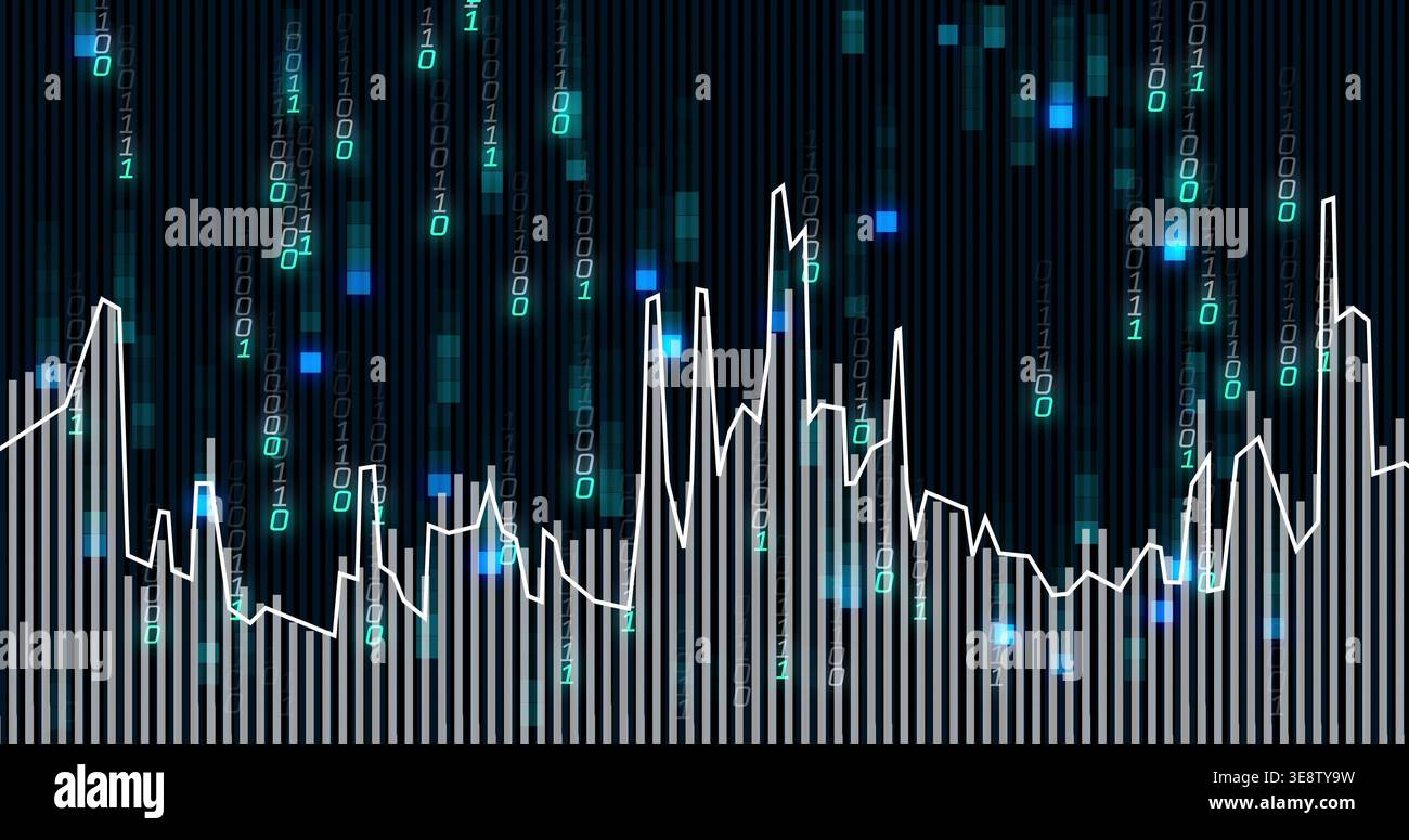 Displaying digital dashboard showing white jagged line plot over gray bars, cascading binary digits Stock Photo