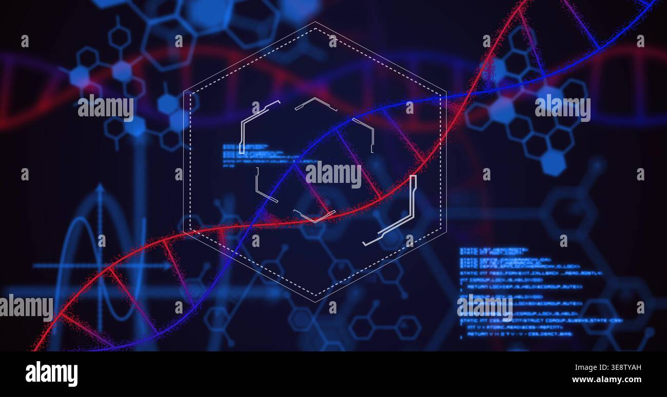 Animating DNA double helix traversing lab hex HUD on system boot, displaying cyan data blocks Stock Photo