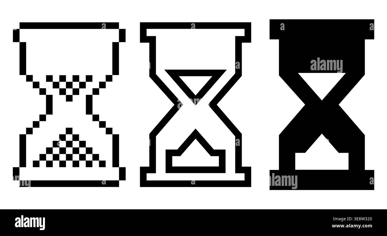 Three hourglass icons in pixelated outline and solid styles. Clean vector design for retro computing modern UI or loading graphics. Stock Vector