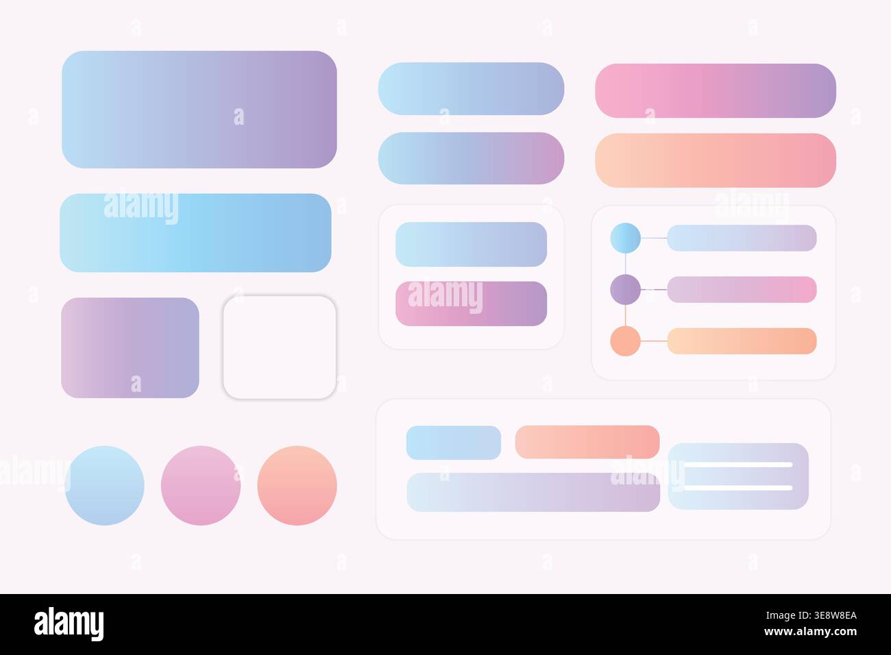 Modern pastel gradient UI elements set, soft neumorphic dashboard components, buttons, cards, sliders and interface design kit on light background Stock Vector