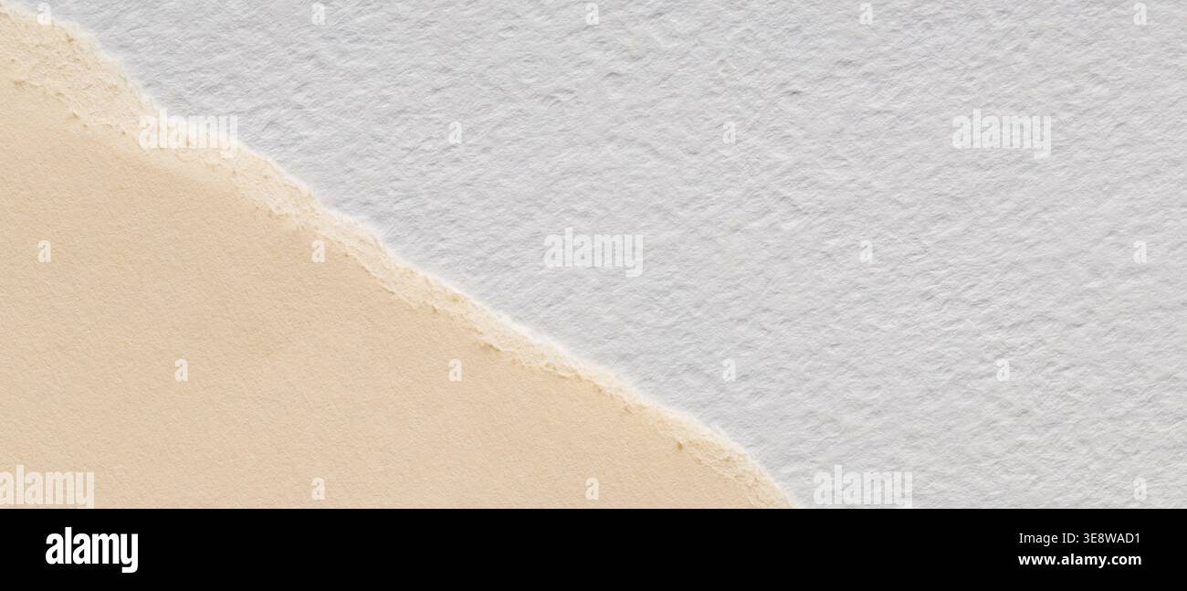 Two textured paper sheets with torn deckled edge overlap on cream and white background Stock Photo