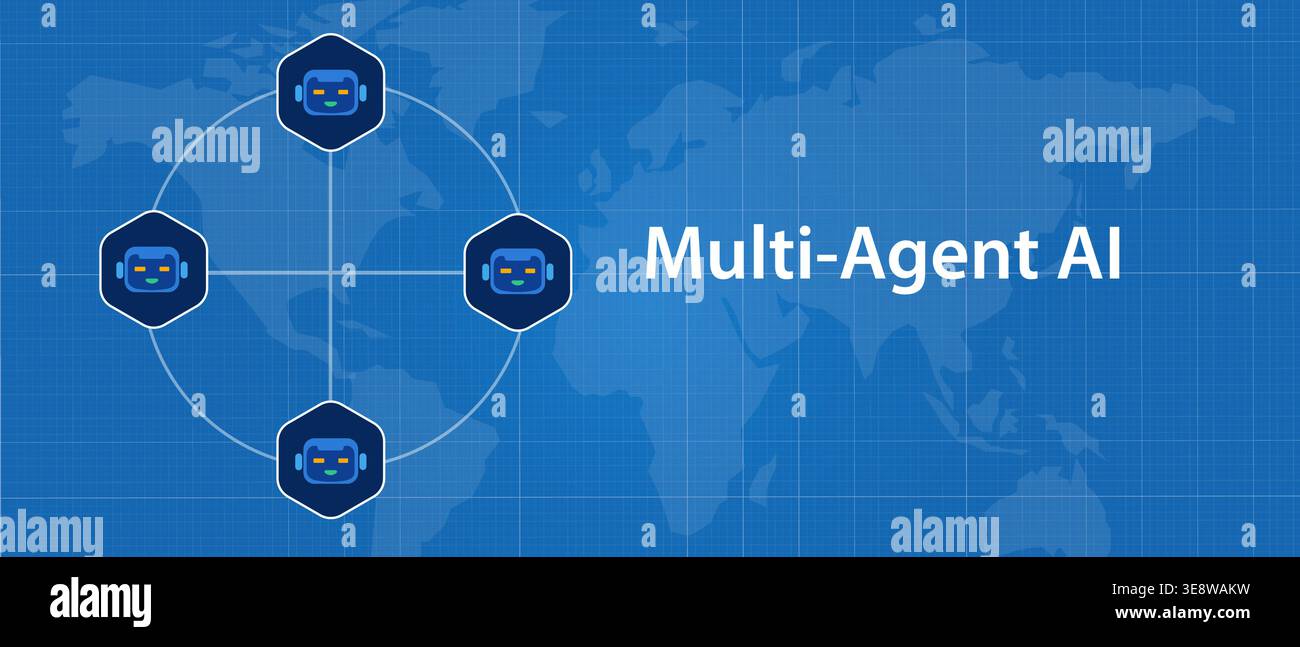 multi agent artificial intelligence AI system network with robot icons connected in a circular grid over a blue world map background representing Stock Vector