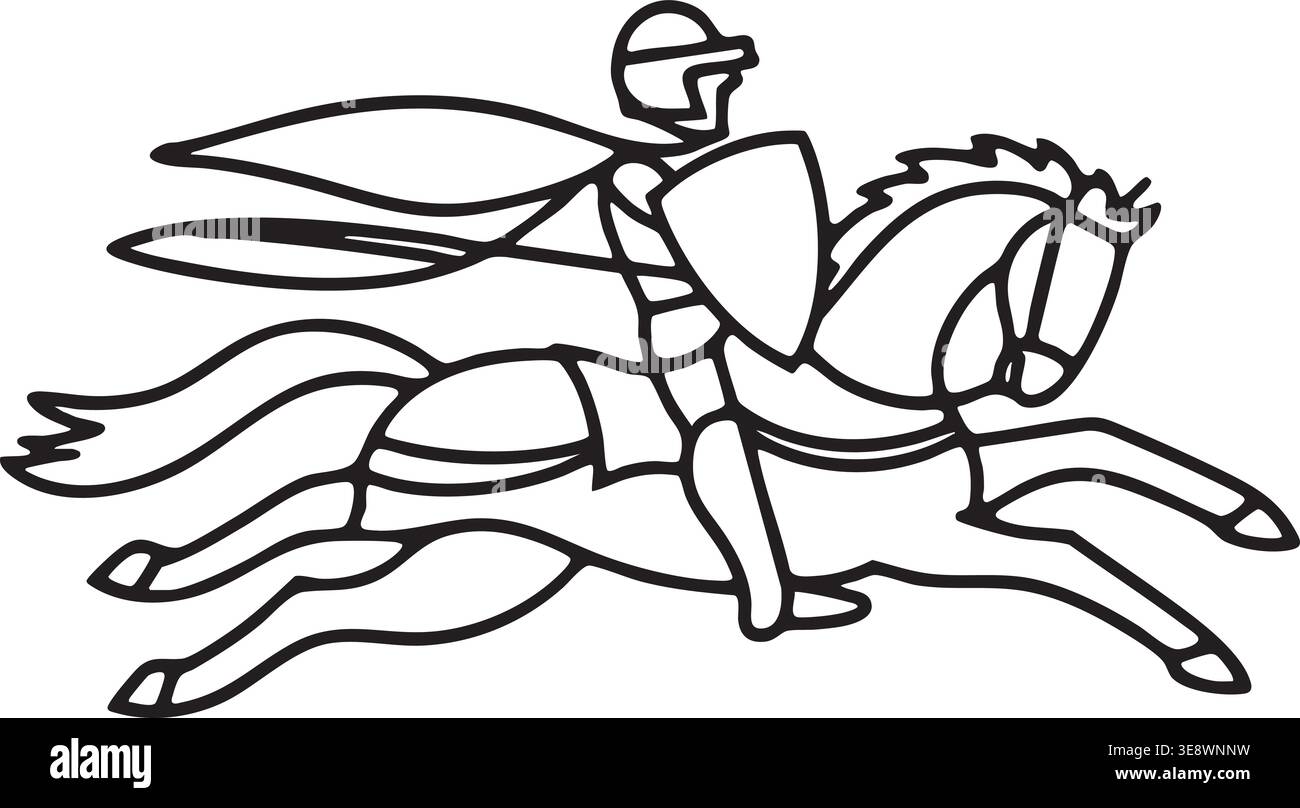 Simple line illustration of a medieval knight riding a galloping horse ...