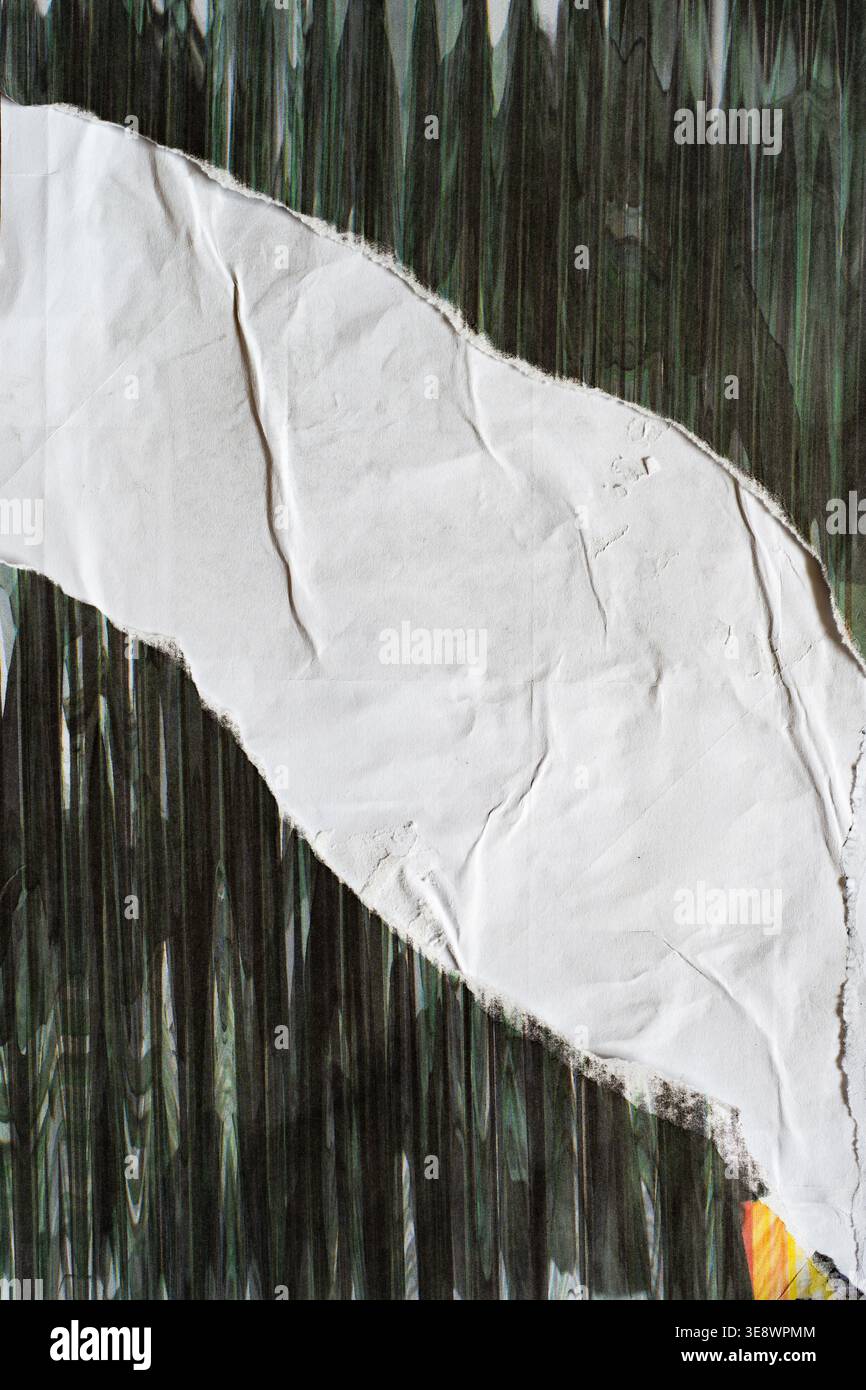 Dark Green Distorted Texture Over Torn White Paper Background Stock Photo
