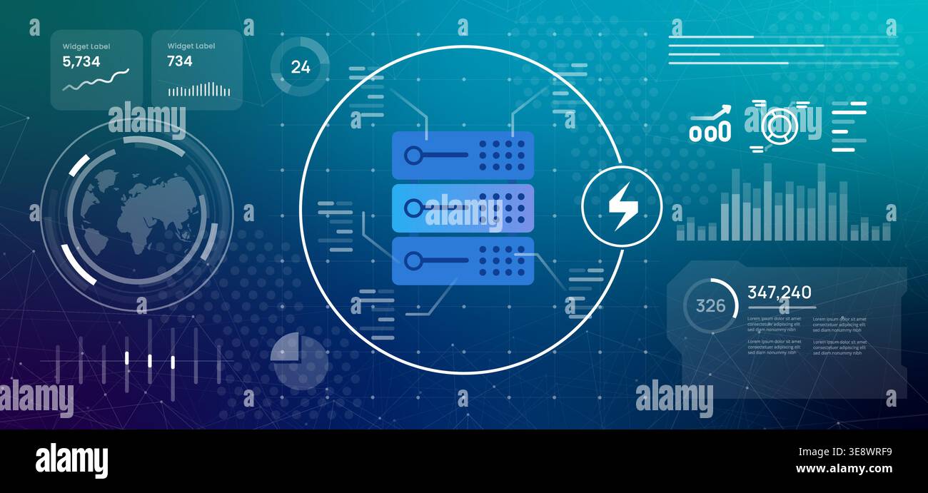 power electricity for data center server rack with digital dashboard interface computing analytics global network statistics and artificial Stock Vector
