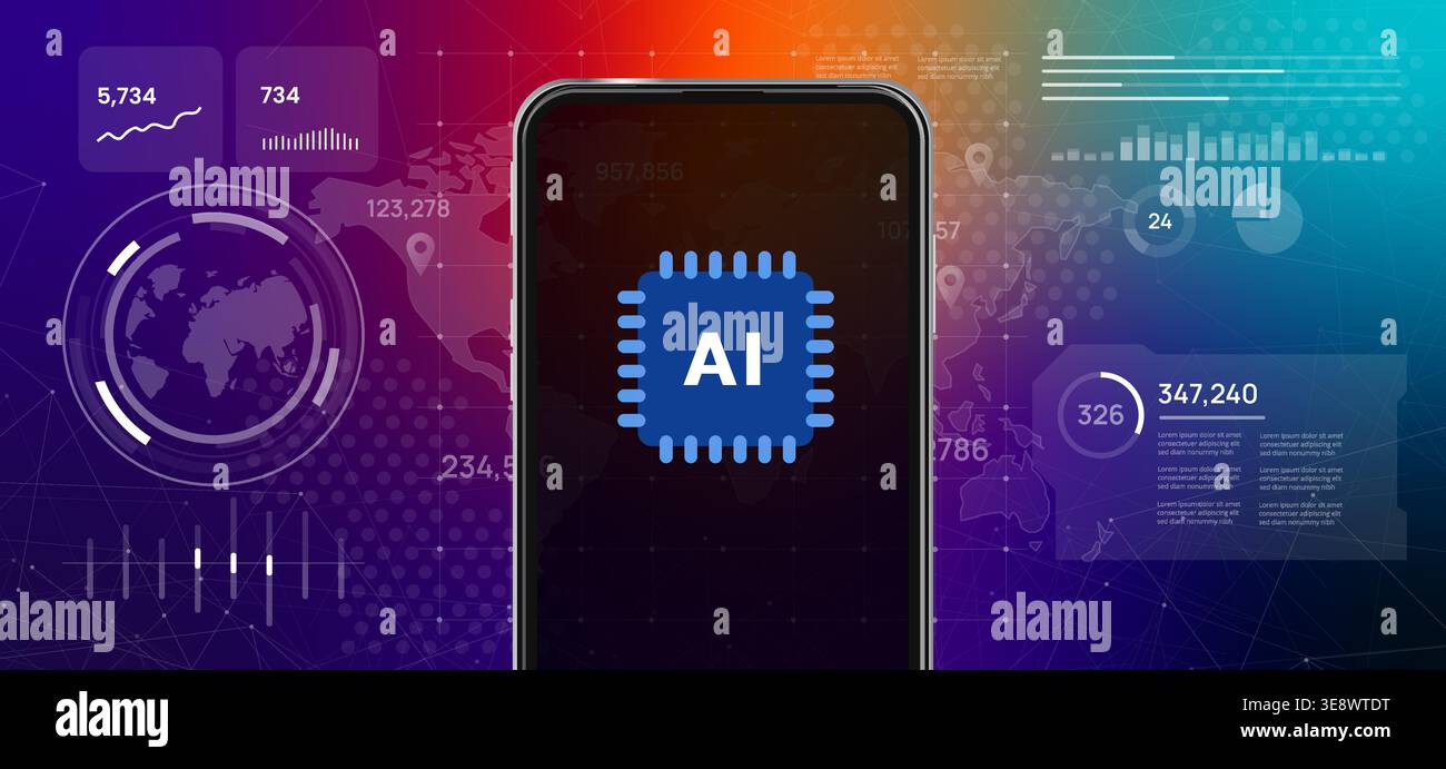 Smartphone with artificial intelligence AI chip icon on screen futuristic ui elements showing world map data visualization and mobile neural network Stock Vector