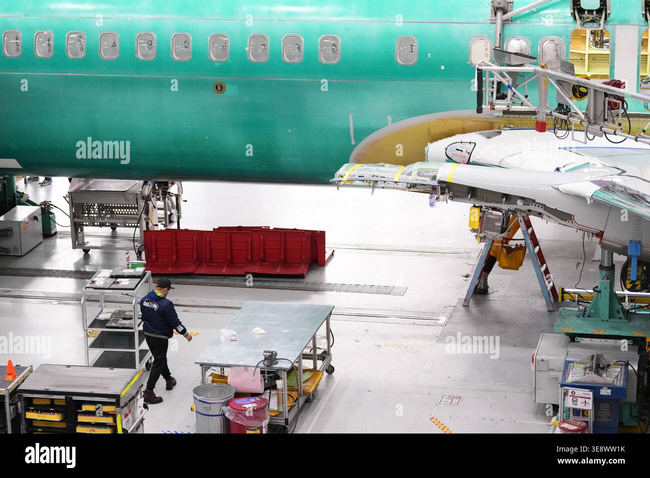 Boeing 737 MAX airplanes on the final assembly line are seen during a ...