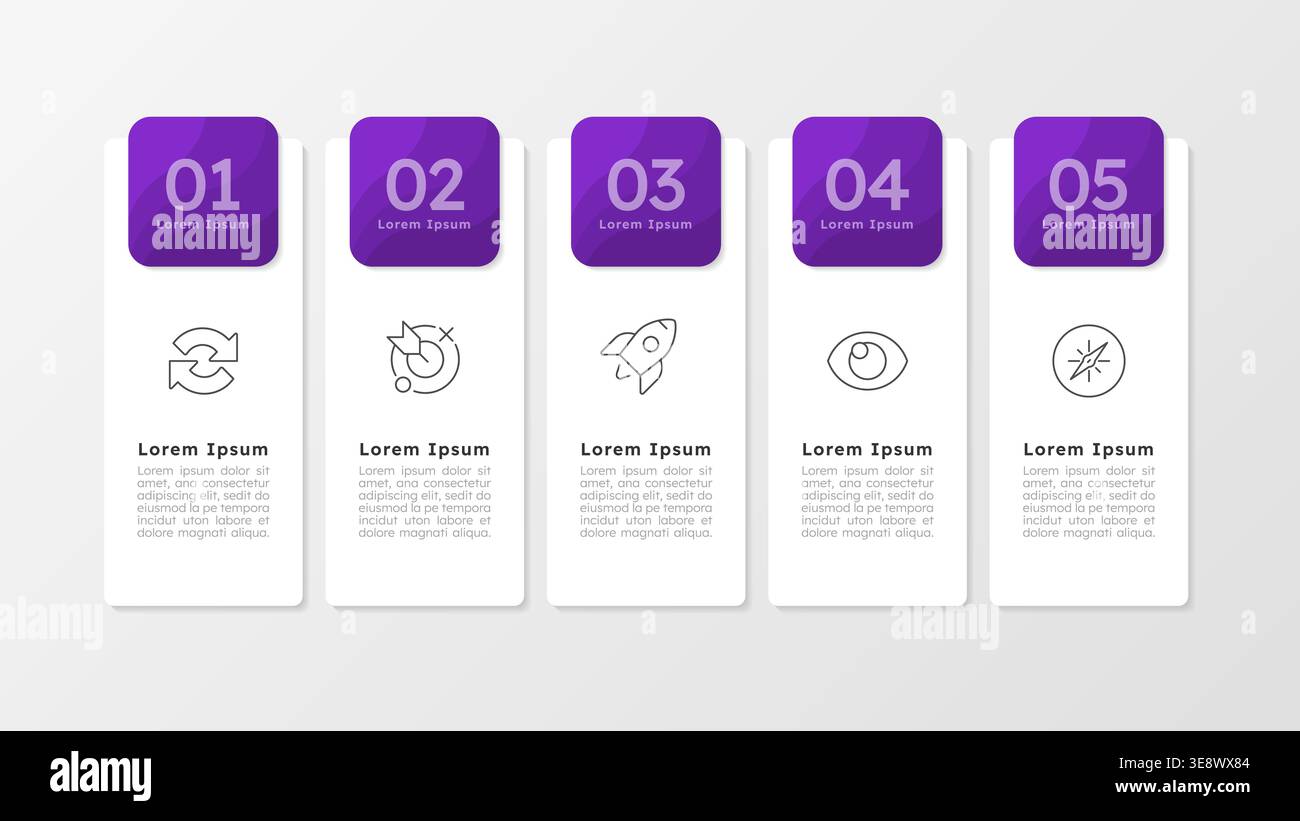 Business project presentation purple rectangle infographic 5 steps Stock Vector