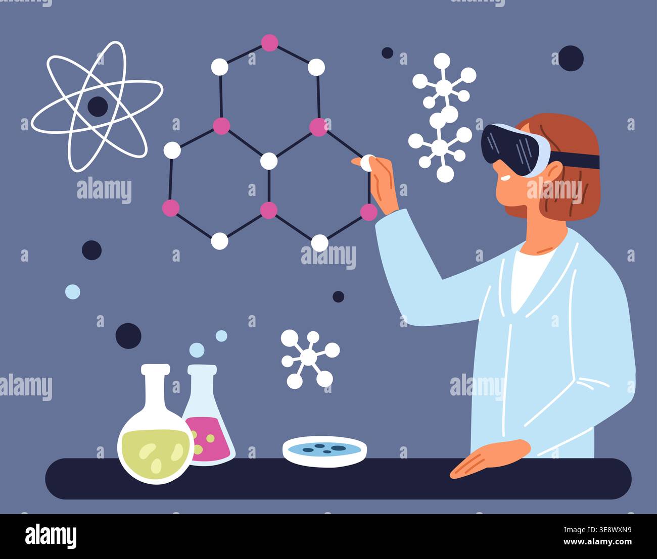 Female scientist wearing virtual reality glasses conducts experiment. Scientific interactive research. Digital technologies in science. VR simulation Stock Vector