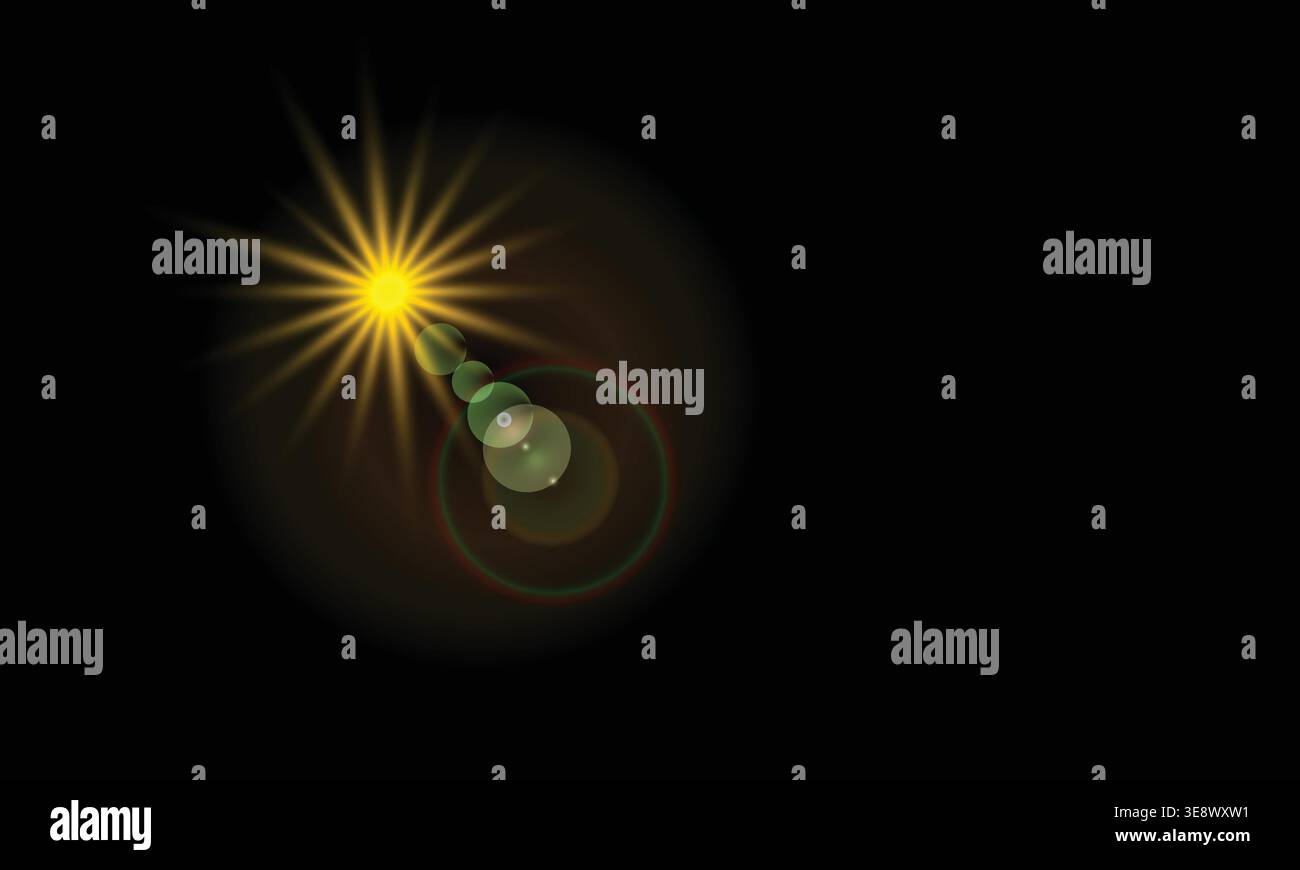 Bright lens flare light effect on black background, realistic sun flare ...