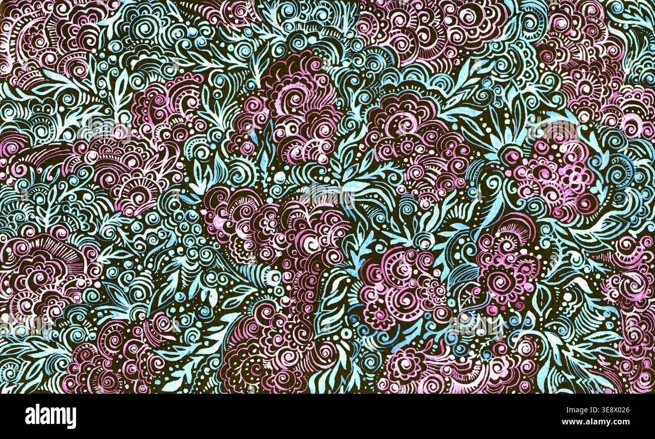 Detailed floral mehndi seamless pattern. Hand drawn paisley, spiral, foliage elements in pink, turquoise, and white on a dark background. Ideal for fa Stock Photo
