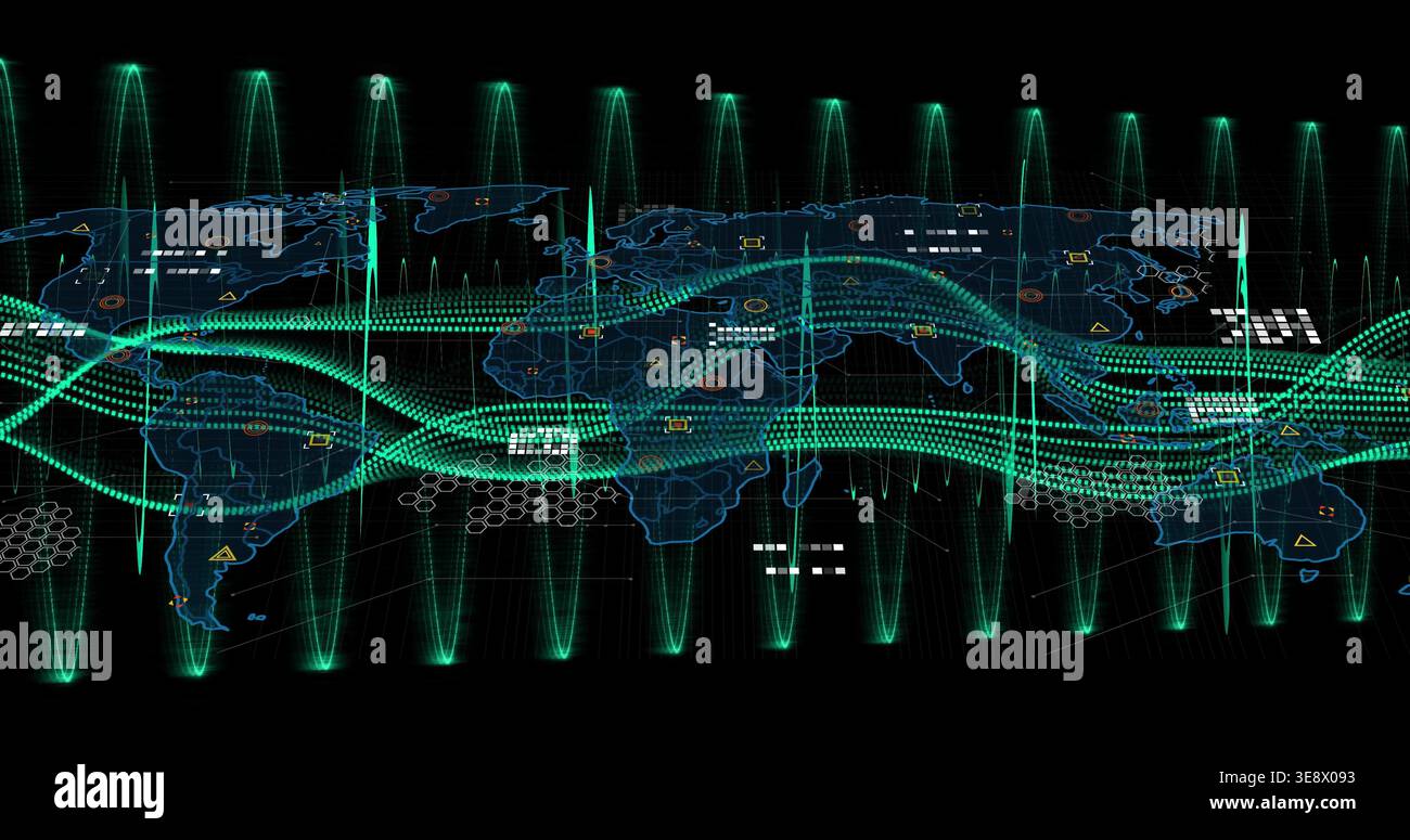 Displaying stylized world map on dark dashboard, streaming teal data ribbons with glowing nodes Stock Photo
