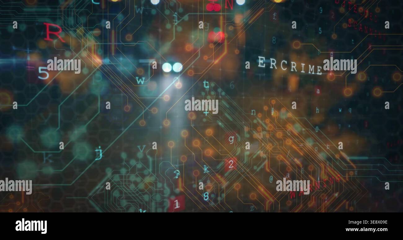 Displaying abstract network map in virtual environment, showing circuit traces, hex grid, ERCRIME Stock Photo
