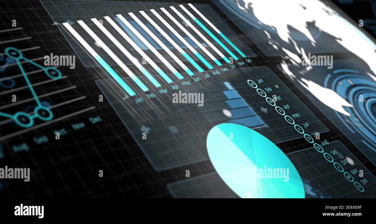 Displaying translucent analytics UI on curved screen, showing vertical bars, pie chart, globe Stock Photo