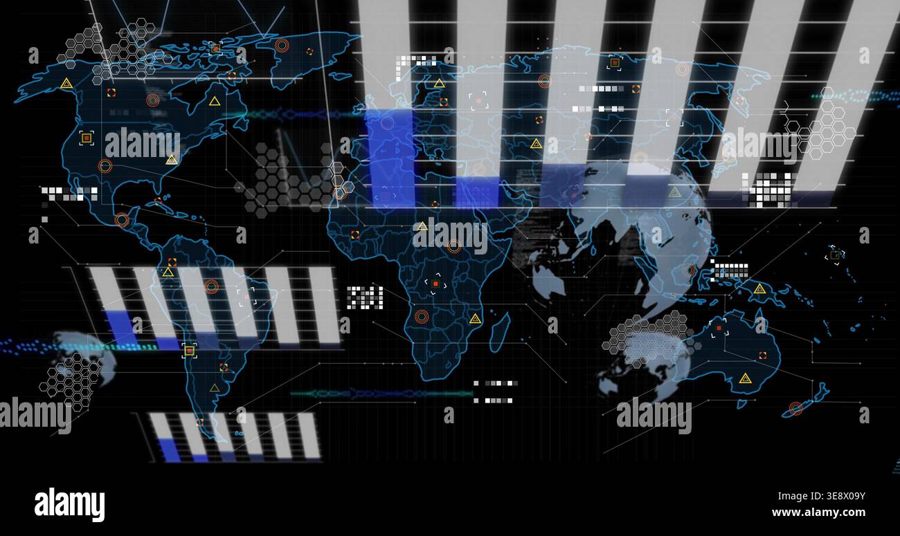 Displaying stylized global map on dark HUD interface, showing hex grid, node markers, yellow alerts Stock Photo