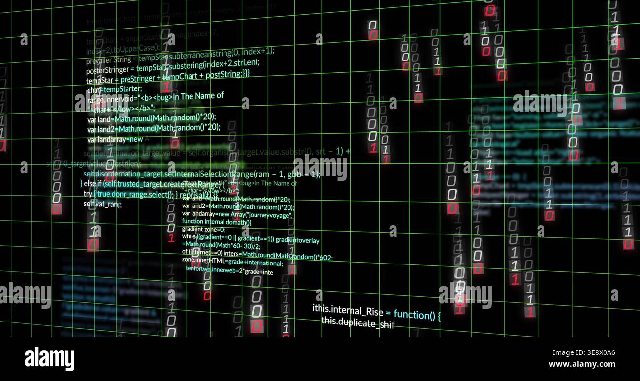Displaying central code cluster floating over virtual grid, showing neon-green lines and red digits Stock Photo