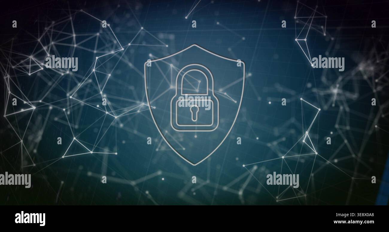 Hovering translucent shield with padlock projecting secure connectivity in teal gradient with nodes Stock Photo
