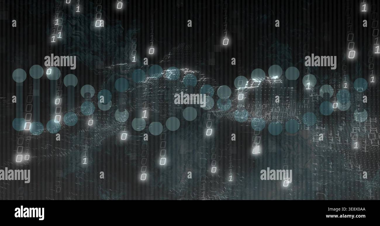 Responding to binary stream, teal node waveform undulating across virtual mesh, showing flow Stock Photo