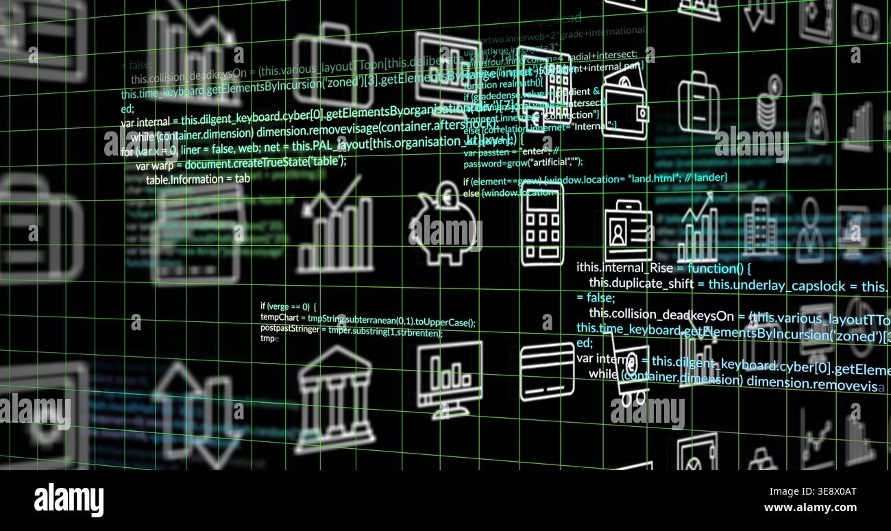 Streaming feed populating finance icons over wireframe grid, visualizing transactions with code Stock Photo
