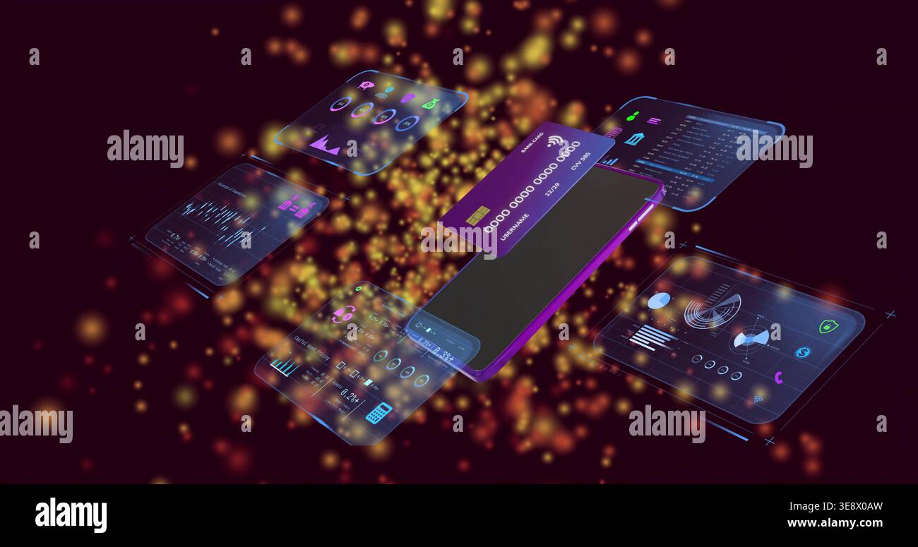 Animating on ping, smartphone displaying purple card in 3D, revealing holographic panels and charts Stock Photo