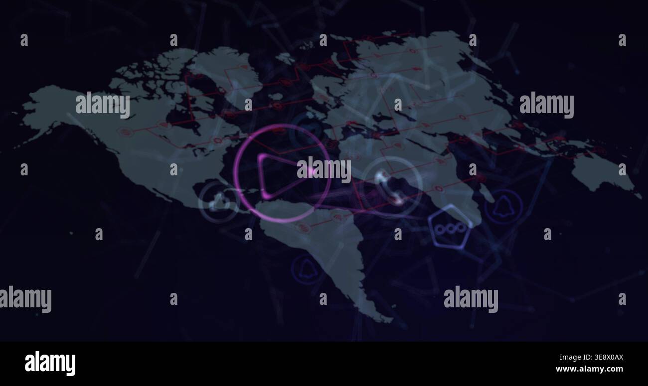 Displaying stylized world map on digital dashboard centered on Americas, purple play-button, nodes Stock Photo