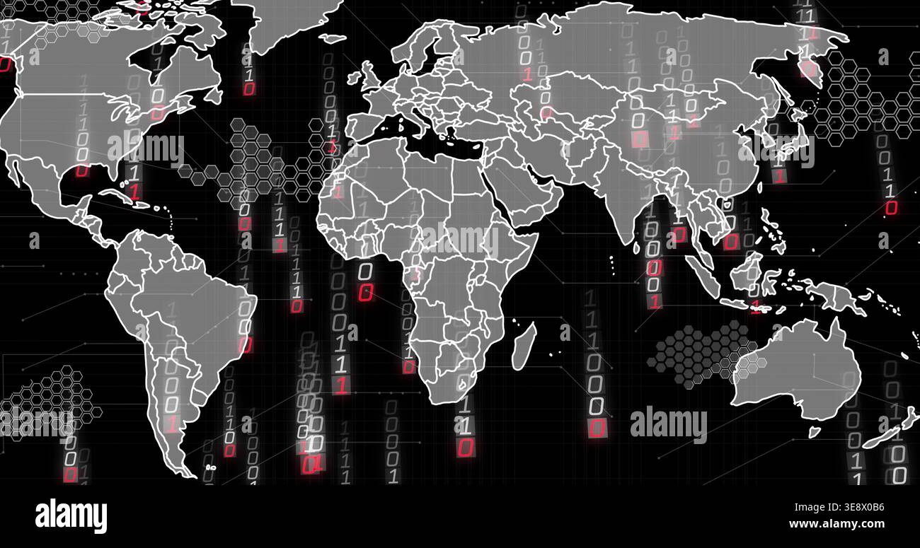 Showing stylized world map at center, streaming binary with red highlights and hex clusters Stock Photo