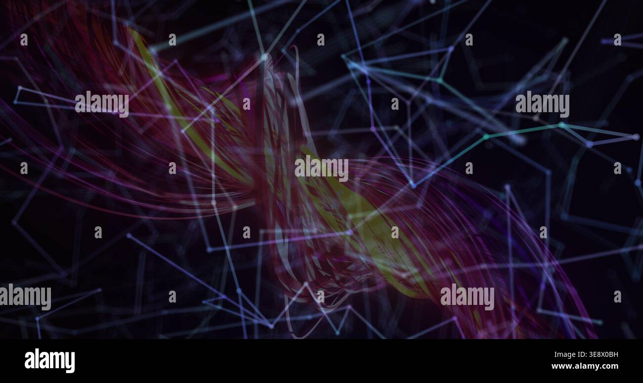 Twisting central translucent ribbon floating in dark digital void, showing glowing network nodes Stock Photo
