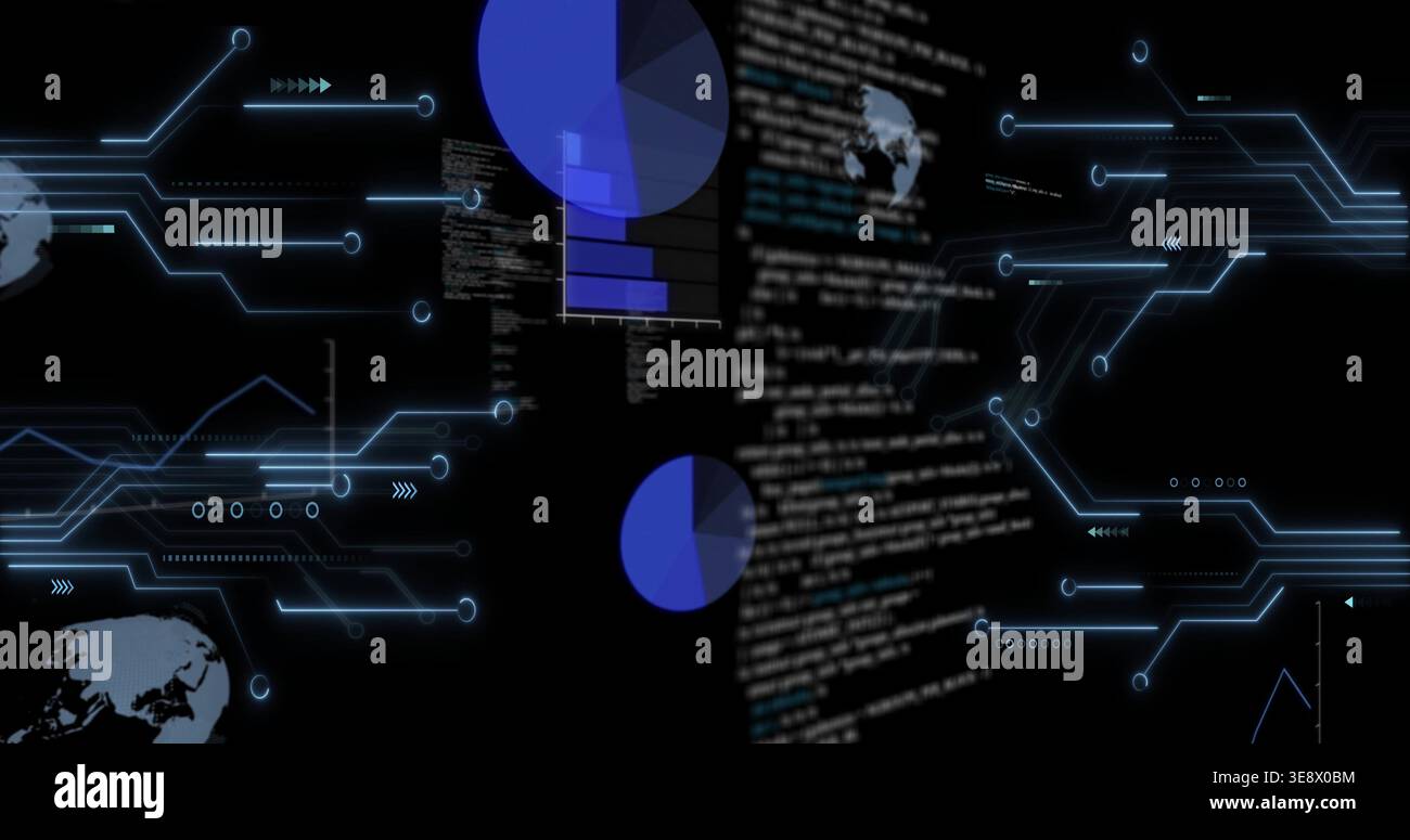 Displaying central blurred code column pulsing on dark interface, with two blue charts and traces Stock Photo
