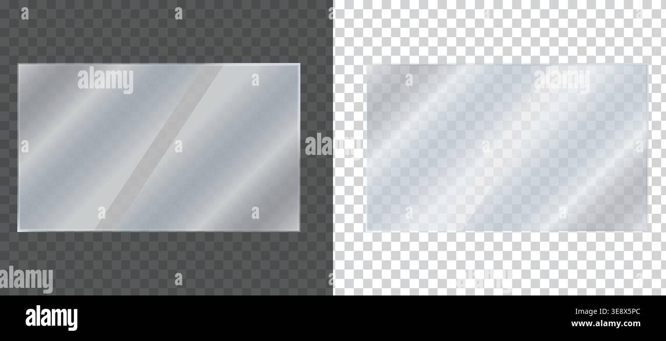 Realistic glass panel overlay set, transparent glossy rectangle frames with light reflection effect isolated on transparent background Stock Vector