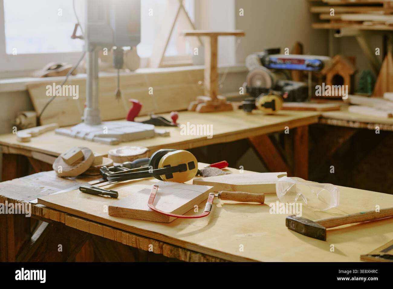Woodworking Tools Arranged on Workbench for Carpentry Workshop Stock Photo