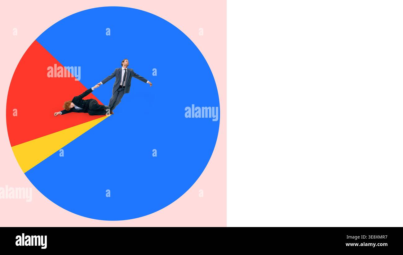 Businessman pulling another from colored chart growth performance. Stock Photo