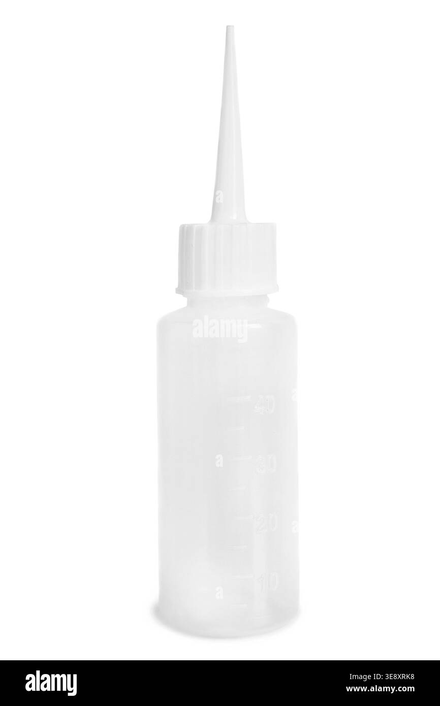 Empty plastic measure bottle with a spout cap isolated over white Stock Photo