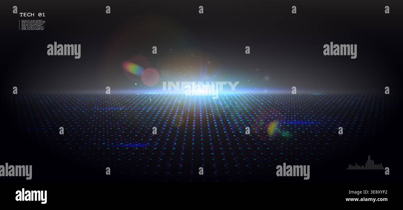 Cinematic digital horizon with blue lens flare and data grid. Futuristic technology background featuring a bright light burst on a dark cyber Stock Vector