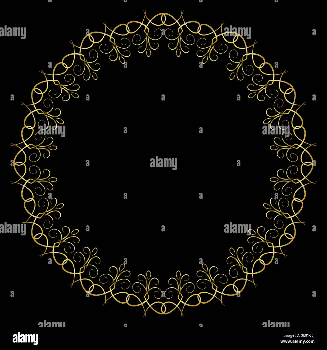 Round lattice golden frame on black background Stock Vector
