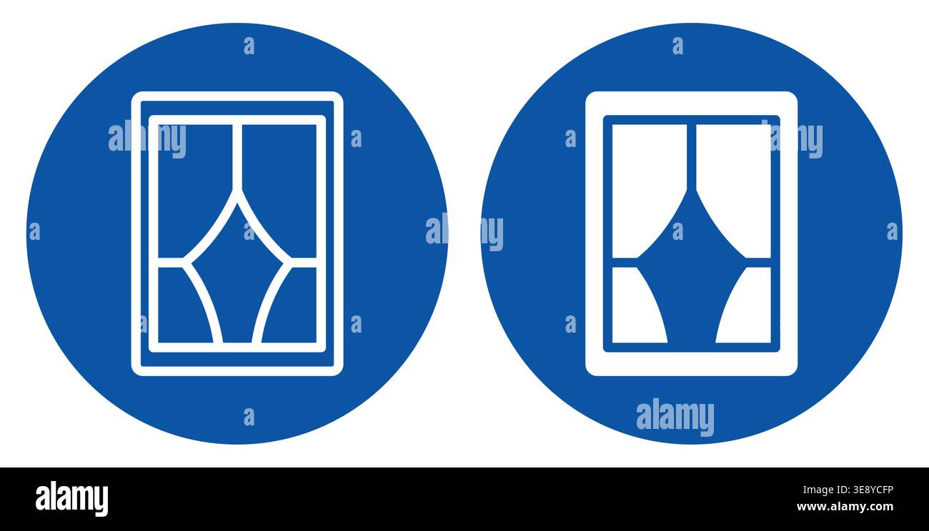 This image features decorative window designs with curtains set against blue circle backgrounds, showcasing modern and classic styles ideal for interi Stock Vector