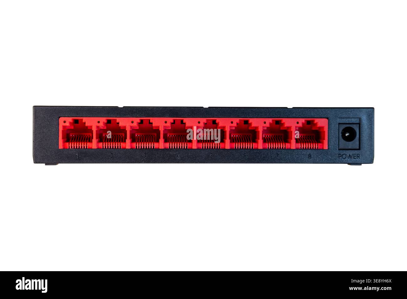 Eight port Ethernet network switch rear panel with power input Stock Photo