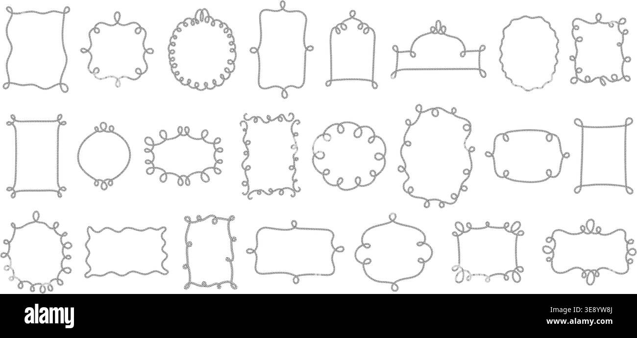 Whimsical rope frames with nautical knots and braided borders. Stock Vector