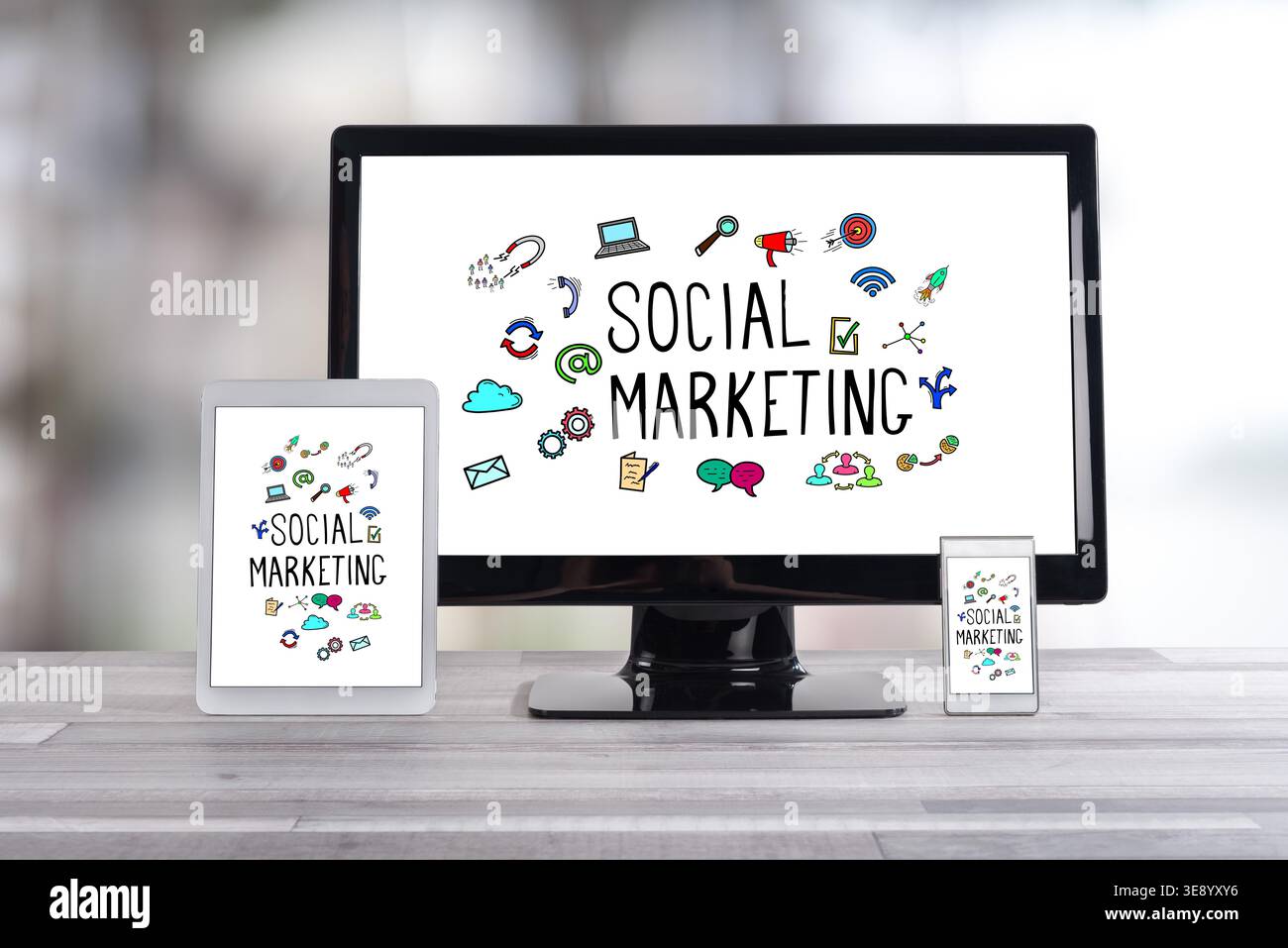 Social marketing concept shown on different information technology devices Stock Photo